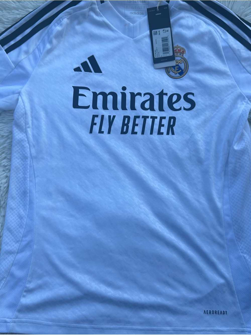 Adidas Real Madrid kids White 'Emirates Fly Better' Training Jersey size 13-14Y
